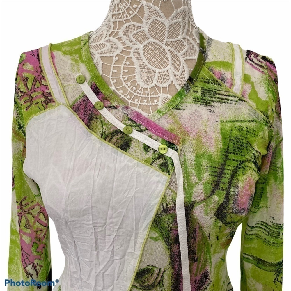 Artistic Green & White Asymmetrical ME Made in France Mix fabric Bogo tunic Smal - Picture 4 of 12